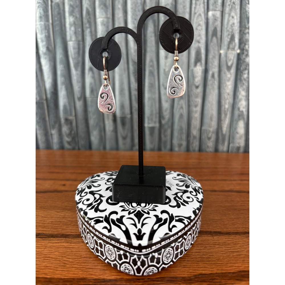 Brighton Silver Tone Etched Scroll Swirl Shield Drop Earrings with Heart Tin